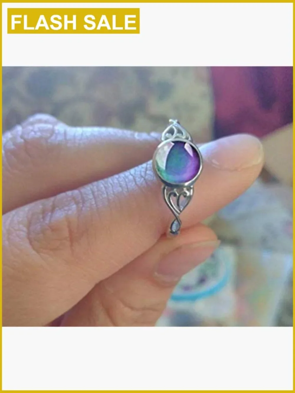925 Silver Mood Ring Retro Flower Round Stone Changeable Ring Size 8
